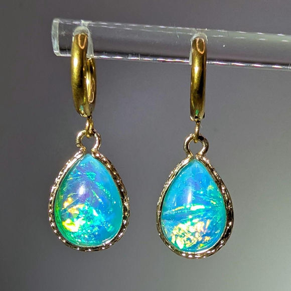 Blue Green Opalescent Teardrop Gold Ion-plated Huggie Earrings - Picture 3 of 8